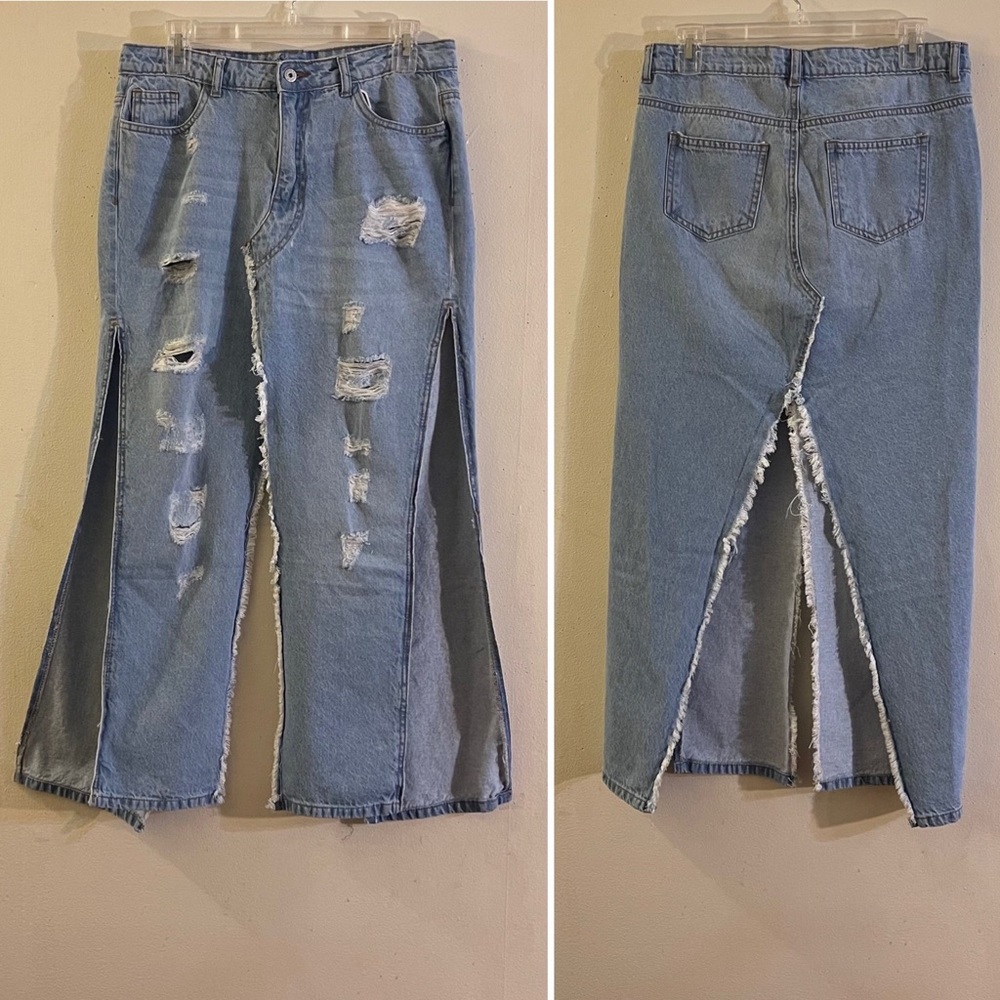 Distressed Four Sided High Split Denim Skirt